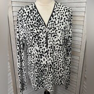 FRED DAVID Women’s Size LG Long Sleeve Snow Leopard Print V-neck Rhinestone Zip
